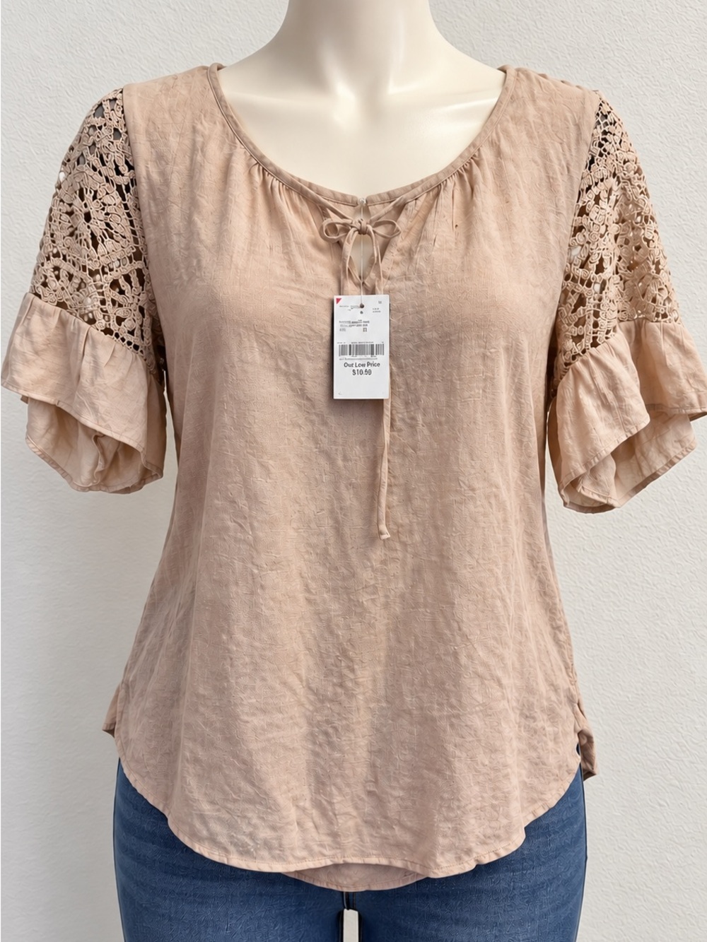 Tie-Neck Crochet Sleeve Blouse in Beige
